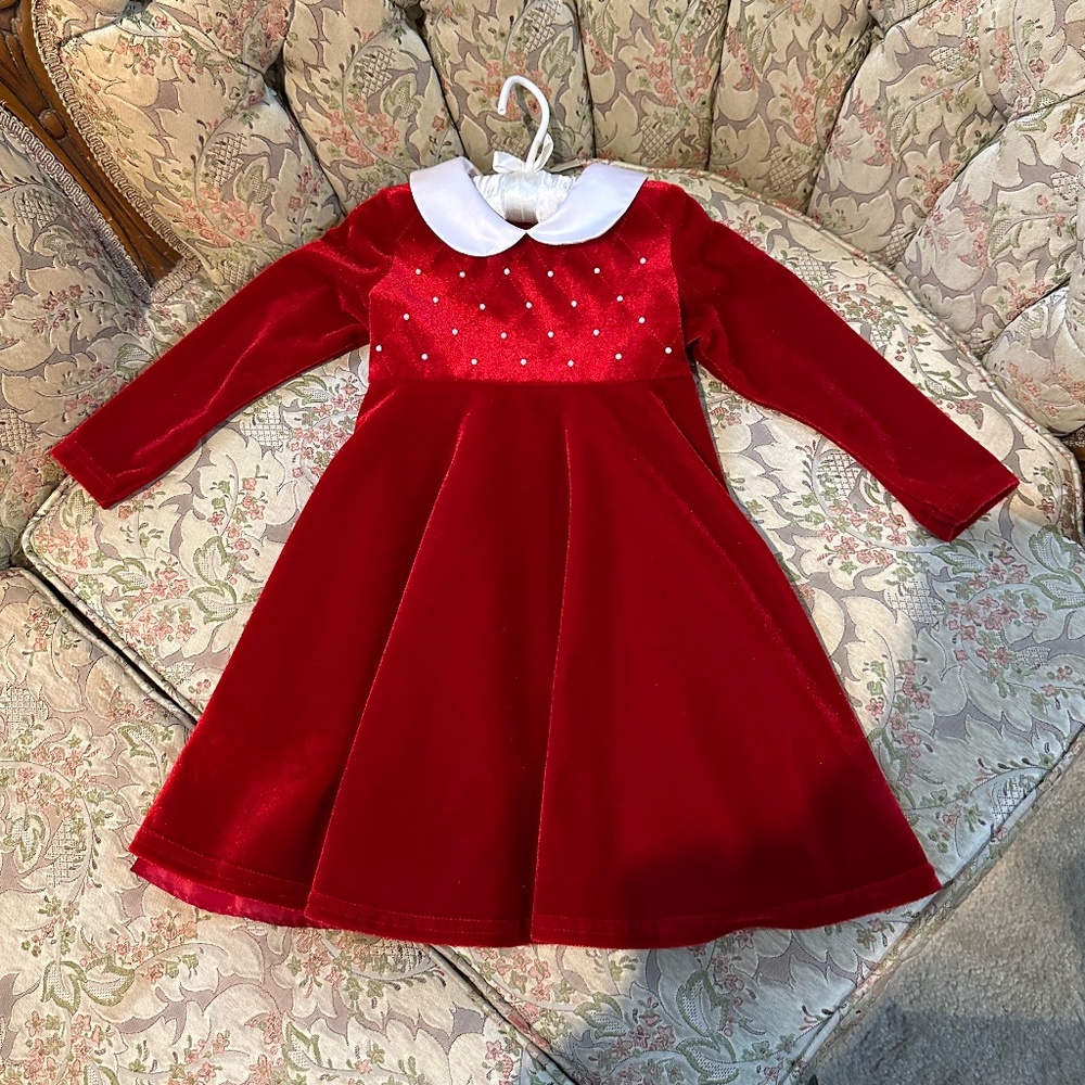 New Girl's Sophie Rose Red Velvet Holiday Dress - Pearls on Bodice  - Sz 3T
